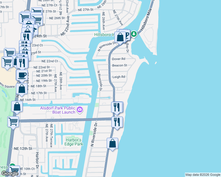 map of restaurants, bars, coffee shops, grocery stores, and more near 3213 Marine Drive in Pompano Beach