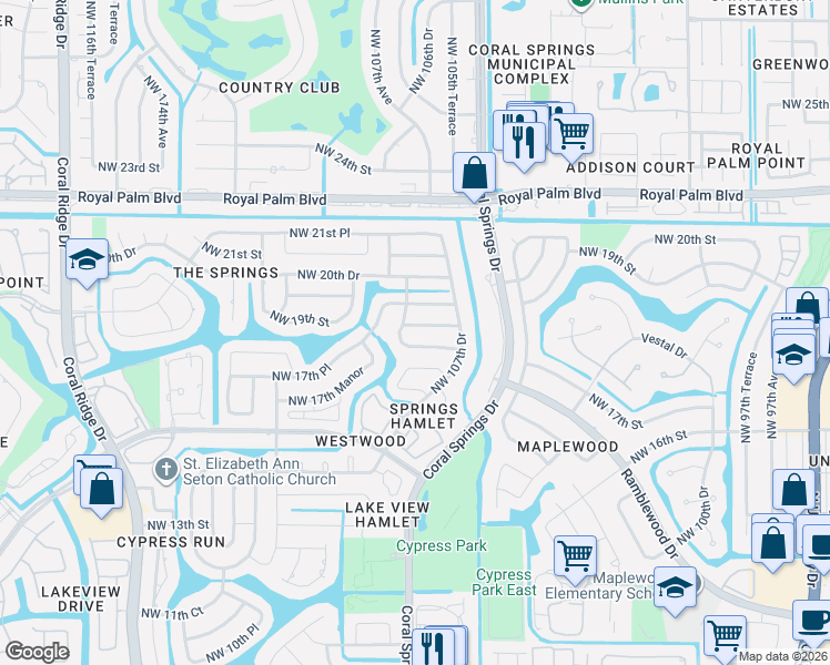 map of restaurants, bars, coffee shops, grocery stores, and more near 10724 Northwest 19th Street in Coral Springs