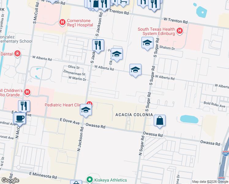 map of restaurants, bars, coffee shops, grocery stores, and more near 1913 West Western Drive in Edinburg