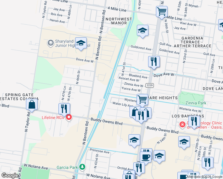 map of restaurants, bars, coffee shops, grocery stores, and more near 4124 Xanthisma Avenue West in McAllen