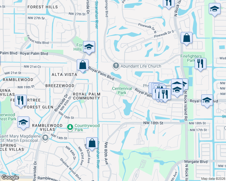 map of restaurants, bars, coffee shops, grocery stores, and more near 1900 Northwest 79th Avenue in Margate