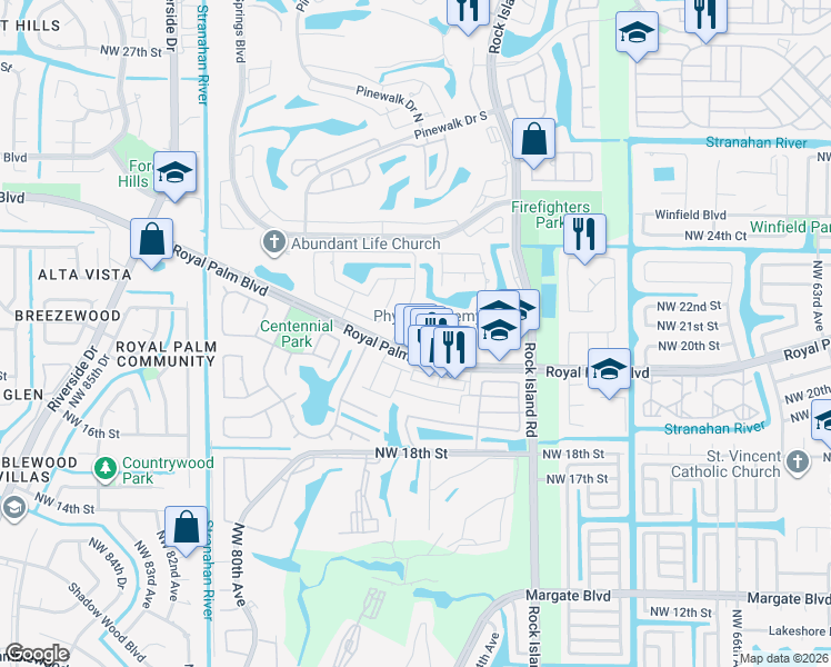 map of restaurants, bars, coffee shops, grocery stores, and more near 7536 Northwest 21st Street in Margate