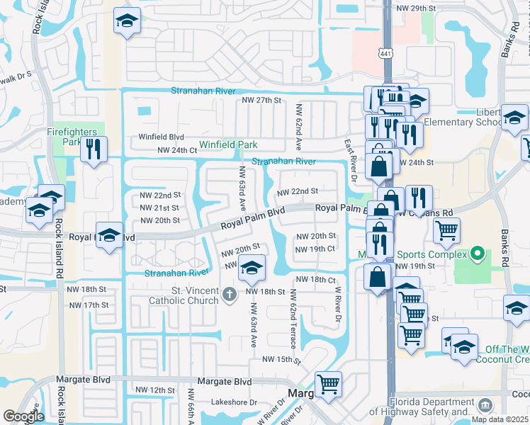 map of restaurants, bars, coffee shops, grocery stores, and more near 10104 Royal Palm Boulevard in Margate