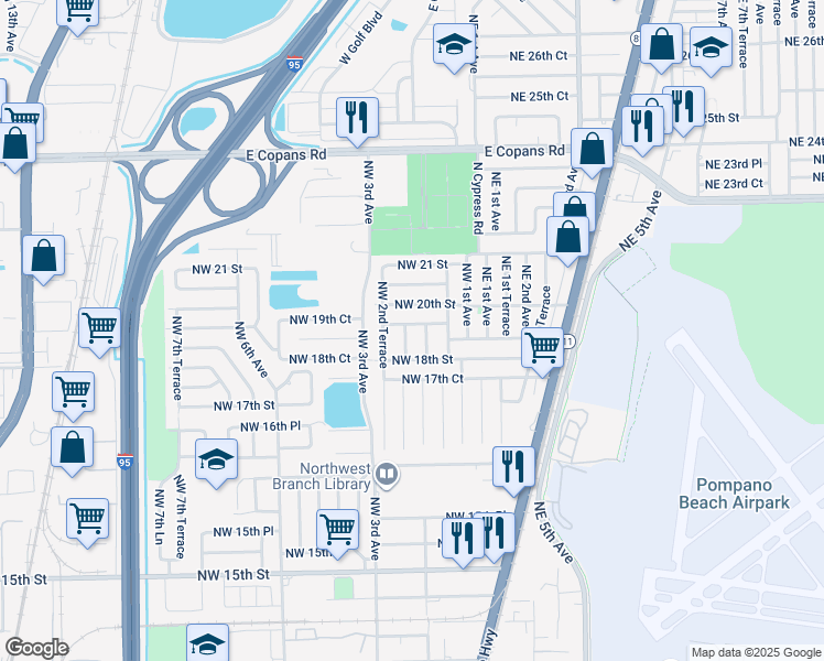 map of restaurants, bars, coffee shops, grocery stores, and more near 1850 Northwest 2nd Avenue in Pompano Beach