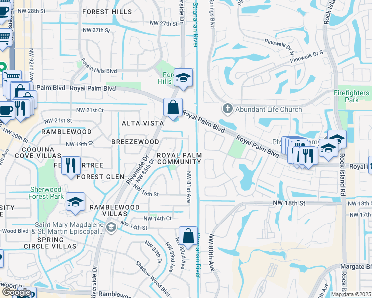 map of restaurants, bars, coffee shops, grocery stores, and more near 1938 Northwest 81st Avenue in Coral Springs
