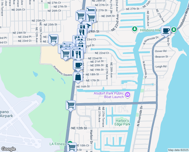 map of restaurants, bars, coffee shops, grocery stores, and more near 2610-2612 Northeast 18th Street in Pompano Beach