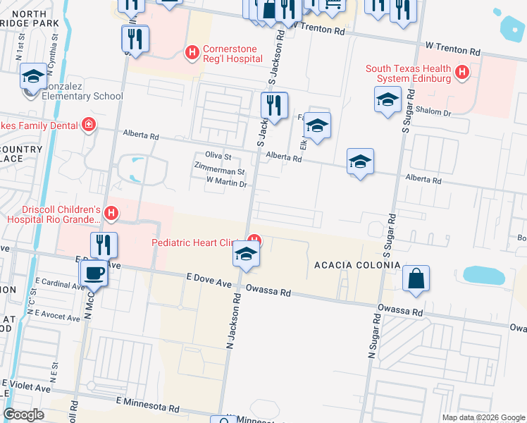 map of restaurants, bars, coffee shops, grocery stores, and more near West Western Drive in Edinburg