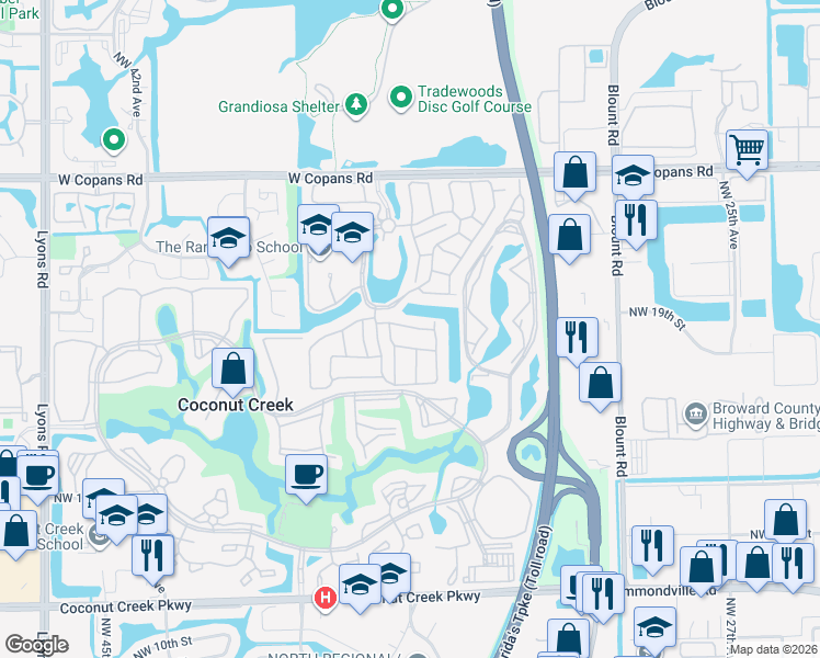 map of restaurants, bars, coffee shops, grocery stores, and more near 3461 Northwest 21st Street in Coconut Creek
