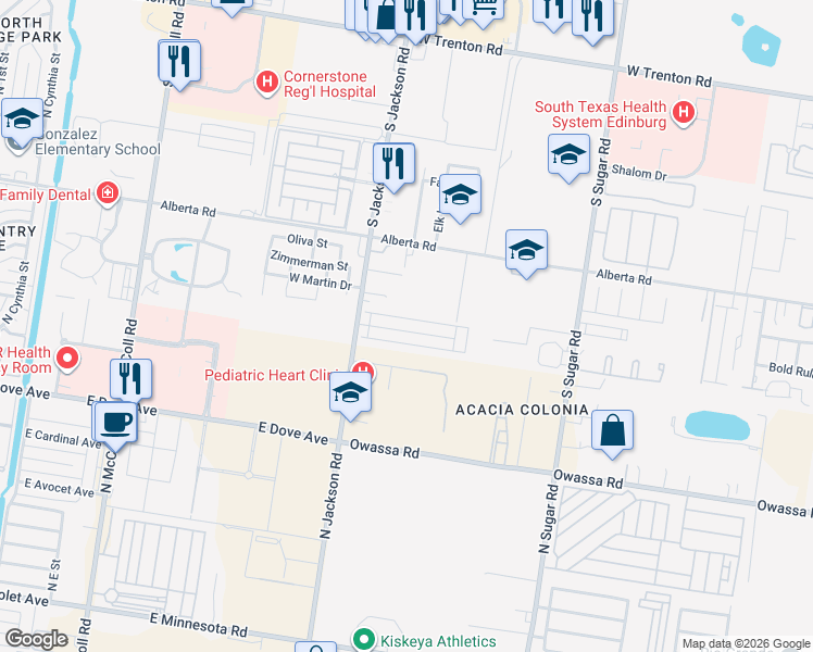 map of restaurants, bars, coffee shops, grocery stores, and more near 2021 West Western Drive in Edinburg