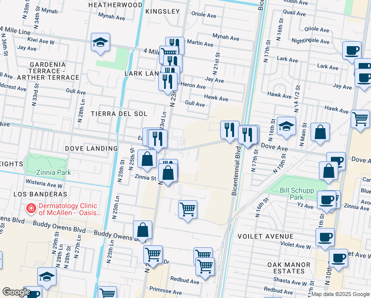 map of restaurants, bars, coffee shops, grocery stores, and more near West Dove Avenue in McAllen