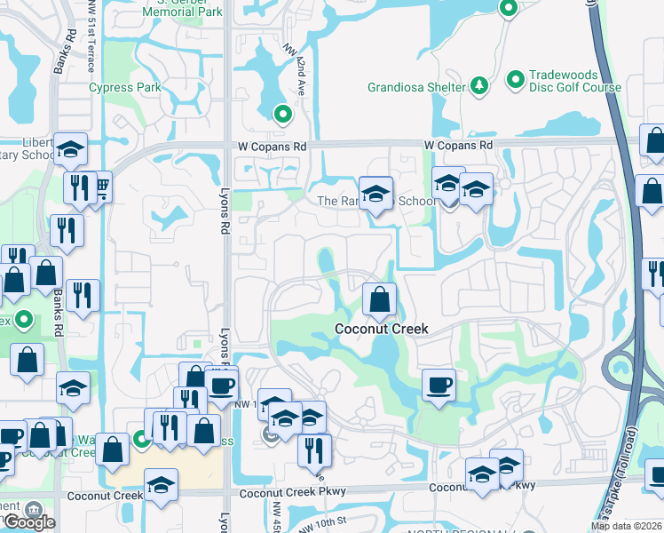 map of restaurants, bars, coffee shops, grocery stores, and more near 2202 Lucaya Bend in Coconut Creek