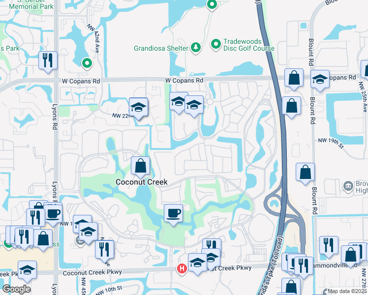 map of restaurants, bars, coffee shops, grocery stores, and more near 3821 Northwest 21st Street in Coconut Creek
