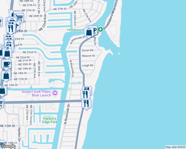 map of restaurants, bars, coffee shops, grocery stores, and more near 1802 Bay Drive in Pompano Beach