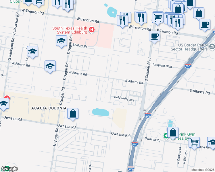 map of restaurants, bars, coffee shops, grocery stores, and more near 520 West Alberta Road in Edinburg