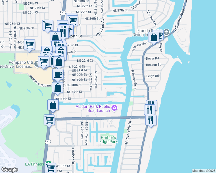 map of restaurants, bars, coffee shops, grocery stores, and more near 2871 Northeast 18th Street in Pompano Beach