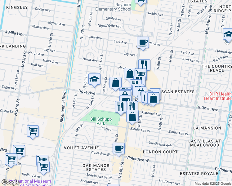 map of restaurants, bars, coffee shops, grocery stores, and more near 1200 West Dove Avenue in McAllen
