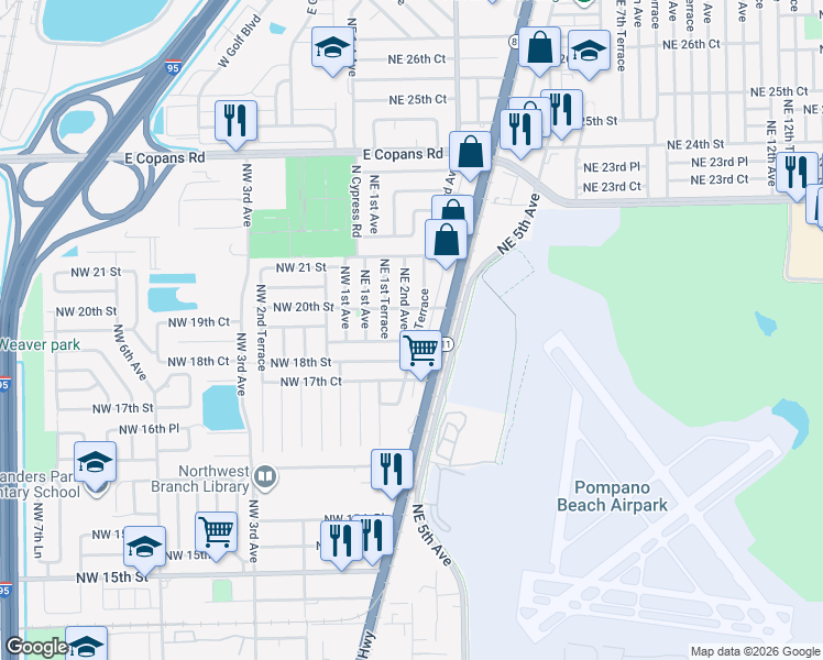 map of restaurants, bars, coffee shops, grocery stores, and more near 1910 Northeast 2nd Avenue in Pompano Beach