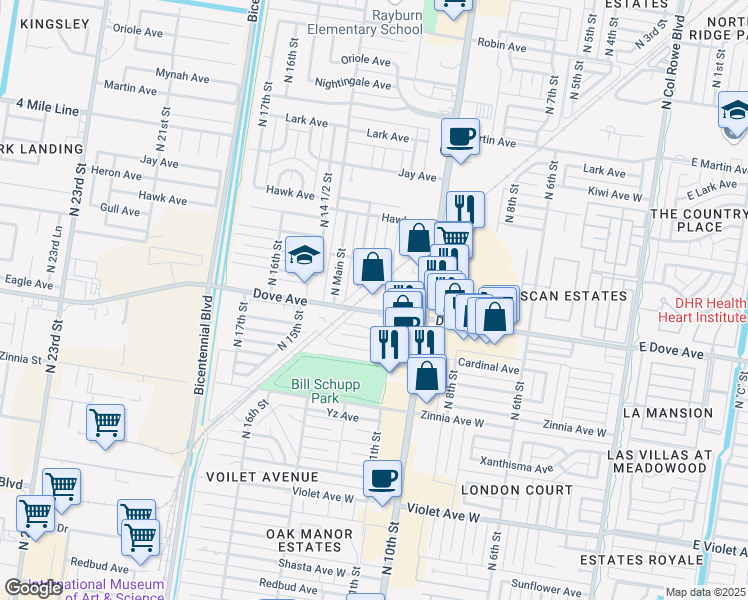 map of restaurants, bars, coffee shops, grocery stores, and more near 1200 West Dove Avenue in McAllen