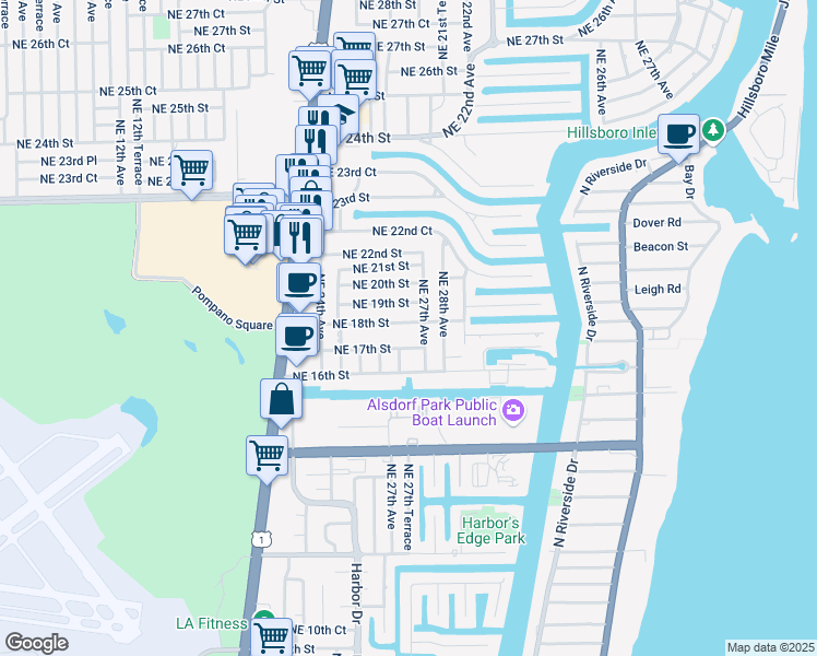 map of restaurants, bars, coffee shops, grocery stores, and more near 2670 Northeast 18th Street in Pompano Beach