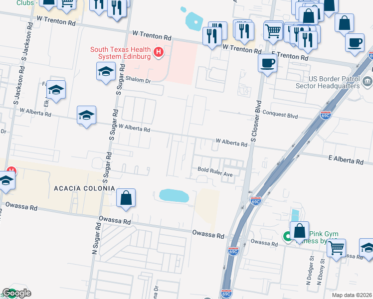 map of restaurants, bars, coffee shops, grocery stores, and more near 520 West Alberta Road in Edinburg