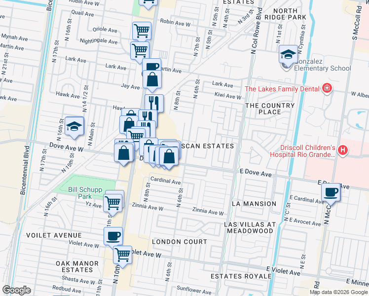 map of restaurants, bars, coffee shops, grocery stores, and more near 5610 North 6th Lane in McAllen