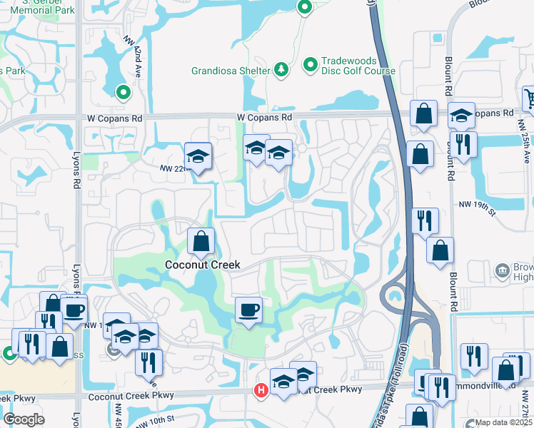 map of restaurants, bars, coffee shops, grocery stores, and more near 3821 Northwest 21st Street in Coconut Creek