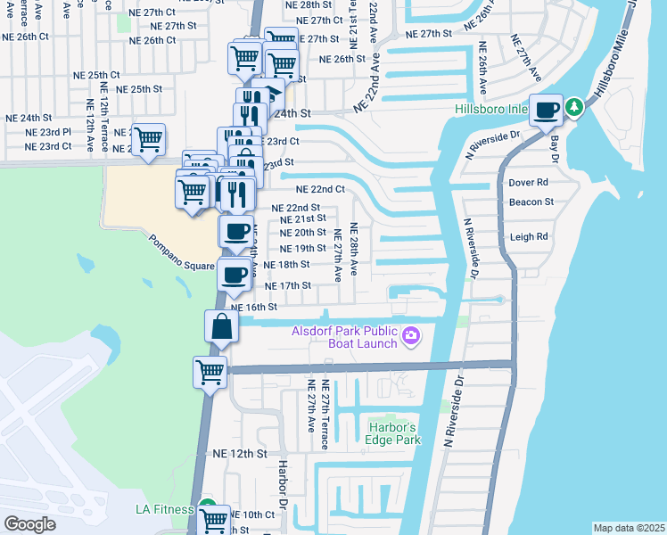 map of restaurants, bars, coffee shops, grocery stores, and more near 2670 Northeast 18th Street in Pompano Beach