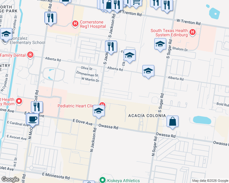 map of restaurants, bars, coffee shops, grocery stores, and more near 2021 West Western Drive in Edinburg
