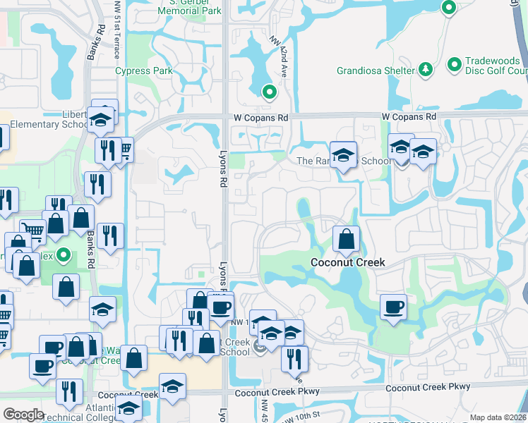 map of restaurants, bars, coffee shops, grocery stores, and more near 2302 Lucaya Lane in Coconut Creek