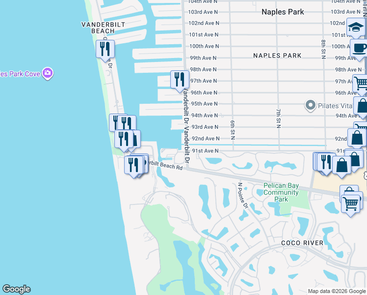 map of restaurants, bars, coffee shops, grocery stores, and more near 9101 Vanderbilt Drive in Naples