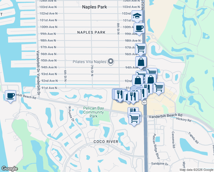 map of restaurants, bars, coffee shops, grocery stores, and more near 753 91st Avenue North in Naples