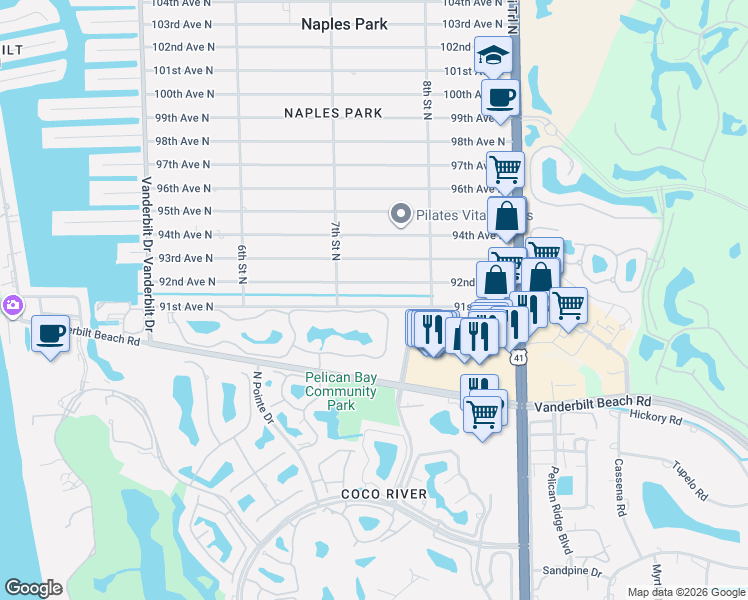 map of restaurants, bars, coffee shops, grocery stores, and more near 753 91st Avenue North in Naples