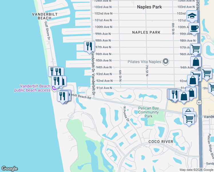 map of restaurants, bars, coffee shops, grocery stores, and more near 547 91st Avenue North in Naples