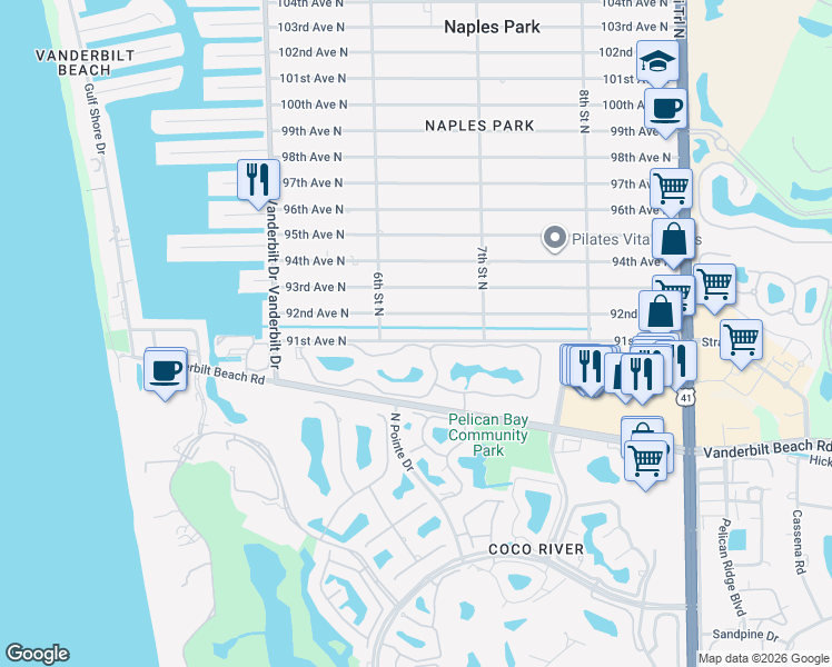 map of restaurants, bars, coffee shops, grocery stores, and more near 641 91st Avenue North in Naples