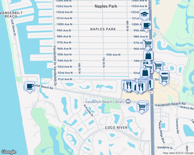 map of restaurants, bars, coffee shops, grocery stores, and more near 677 91st Avenue North in Naples