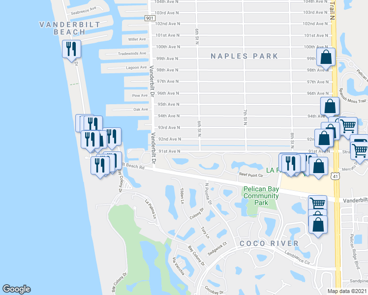 map of restaurants, bars, coffee shops, grocery stores, and more near 563 91st Avenue North in Naples
