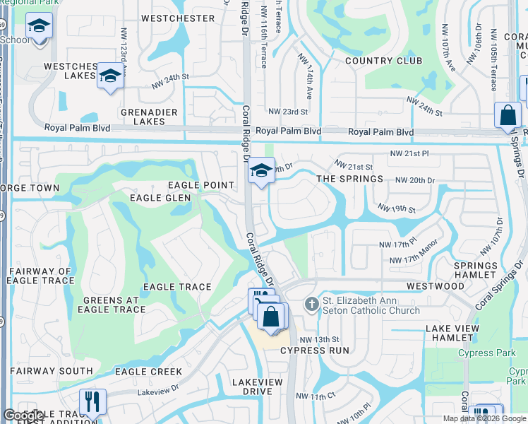 map of restaurants, bars, coffee shops, grocery stores, and more near 11696 Northwest 19th Drive in Coral Springs
