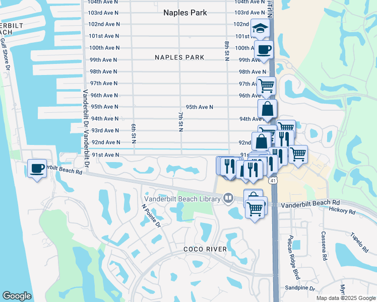 map of restaurants, bars, coffee shops, grocery stores, and more near 711 91st Avenue North in Naples