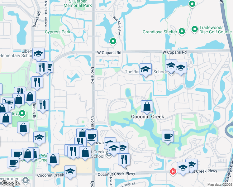map of restaurants, bars, coffee shops, grocery stores, and more near 2304 Lucaya Lane in Coconut Creek