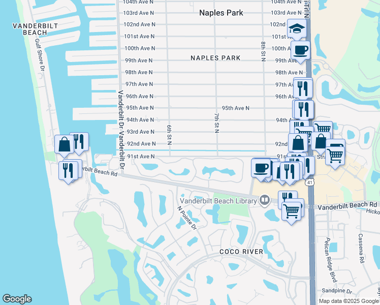 map of restaurants, bars, coffee shops, grocery stores, and more near 641 91st Avenue North in Naples