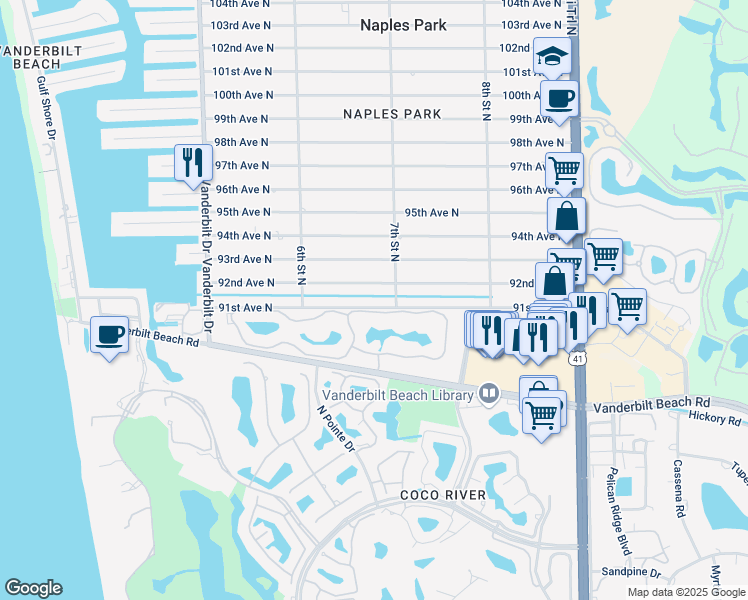 map of restaurants, bars, coffee shops, grocery stores, and more near 677 91st Avenue North in Naples