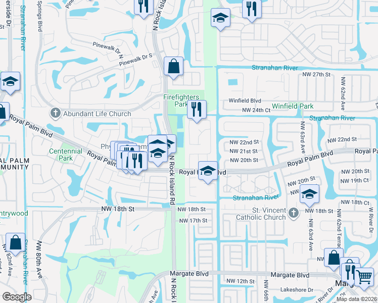 map of restaurants, bars, coffee shops, grocery stores, and more near 7041 Northwest 20th Court in Margate