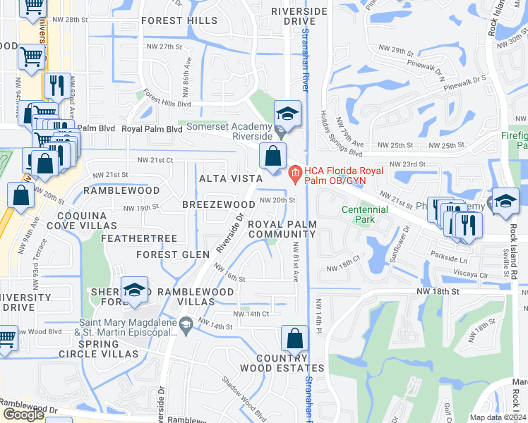 map of restaurants, bars, coffee shops, grocery stores, and more near 8377 Northwest 19th Court in Coral Springs