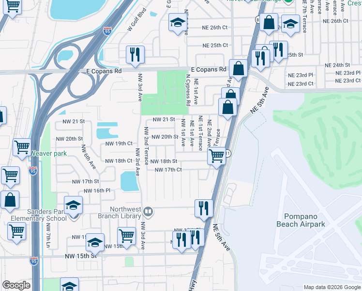 map of restaurants, bars, coffee shops, grocery stores, and more near 1910 Northwest 1st Terrace in Pompano Beach