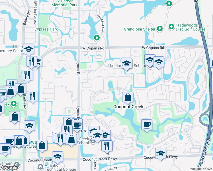 map of restaurants, bars, coffee shops, grocery stores, and more near 2304 Lucaya Lane in Coconut Creek