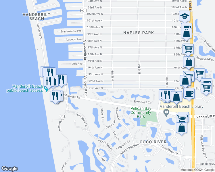 map of restaurants, bars, coffee shops, grocery stores, and more near 563 91st Avenue North in Naples