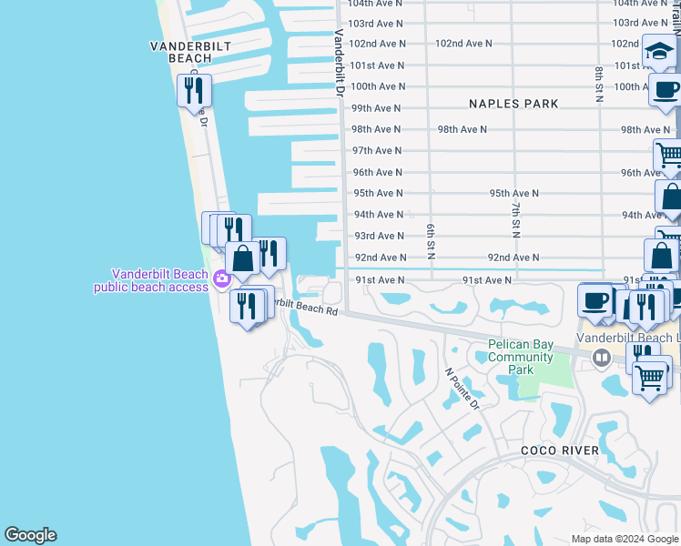 map of restaurants, bars, coffee shops, grocery stores, and more near 9101 Vanderbilt Drive in Naples