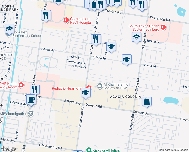 map of restaurants, bars, coffee shops, grocery stores, and more near 2021 West Western Drive in Edinburg