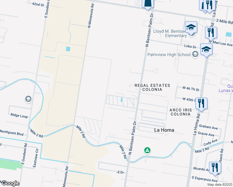 map of restaurants, bars, coffee shops, grocery stores, and more near 3501 North Bentsen Palm Drive in Mission