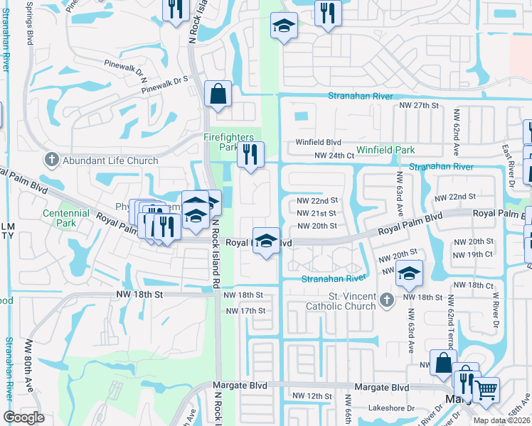 map of restaurants, bars, coffee shops, grocery stores, and more near 6961 Northwest 20th Court in Margate